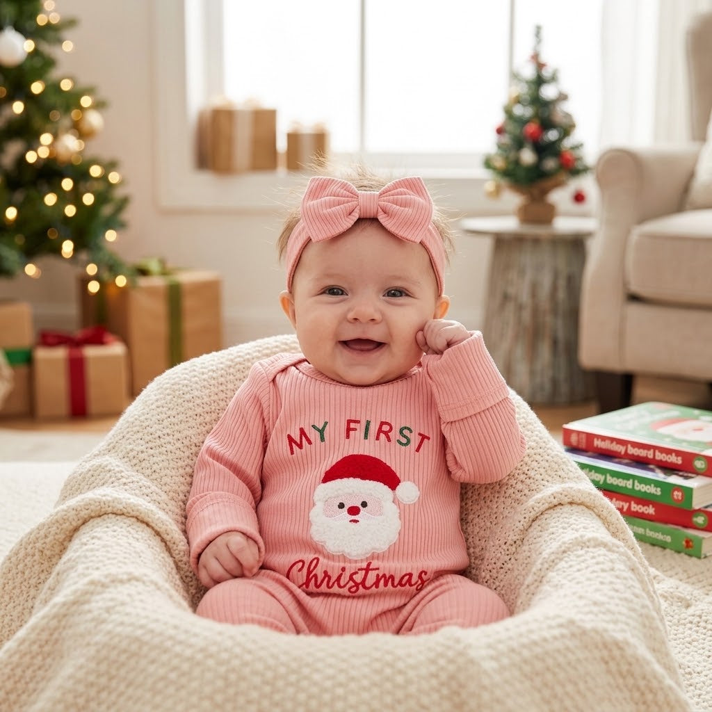 Newborn Baby Girl My First Christmas Santa Jumpsuit & Headband Set