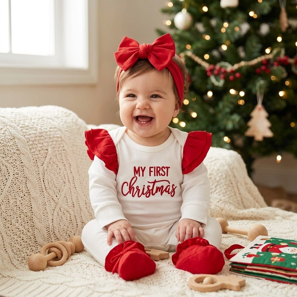 Baby Girl First Christmas Ruffle Romper & Headband Set