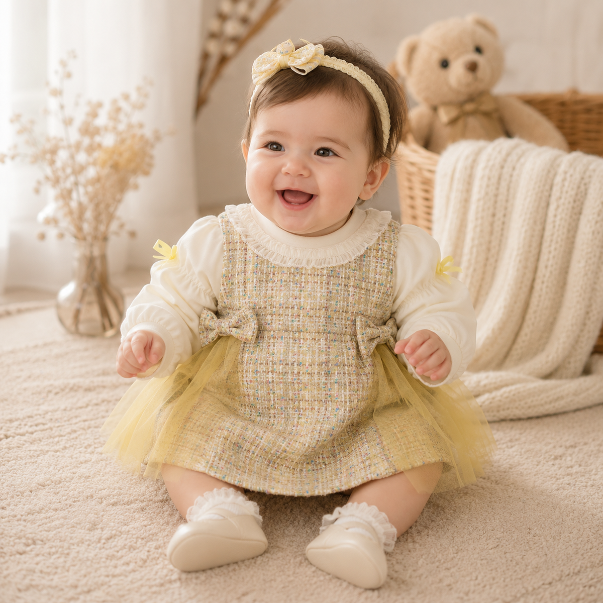 Checkered Bow Baby Girl Princess Dress Long Sleeve