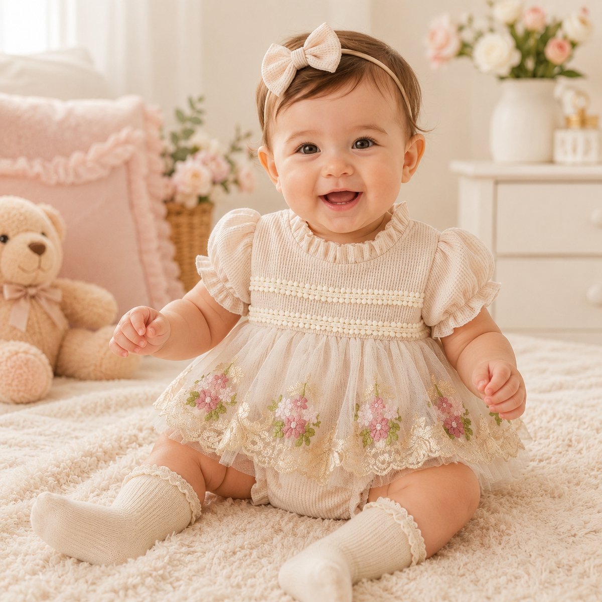 Baby Girl Romper Dress & Bow Headband Set - Floral Tulle Embroidery