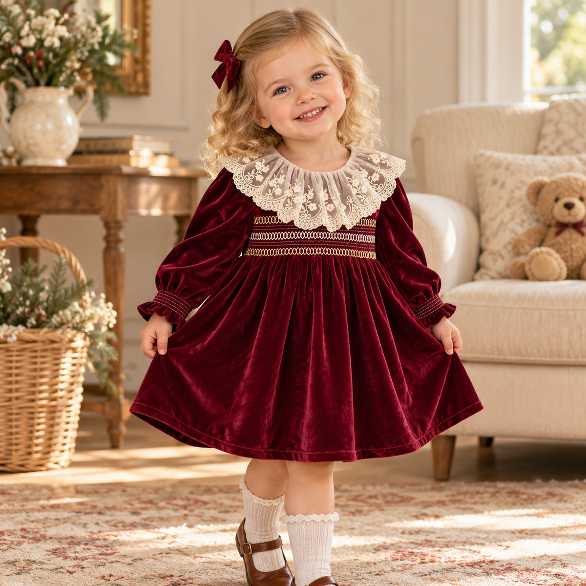 Girls Red Christmas Dress with White Lace Collar
