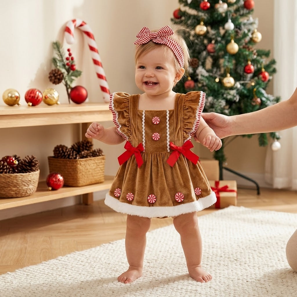 Baby Girls Christmas Romper Dress Outfit with Headband