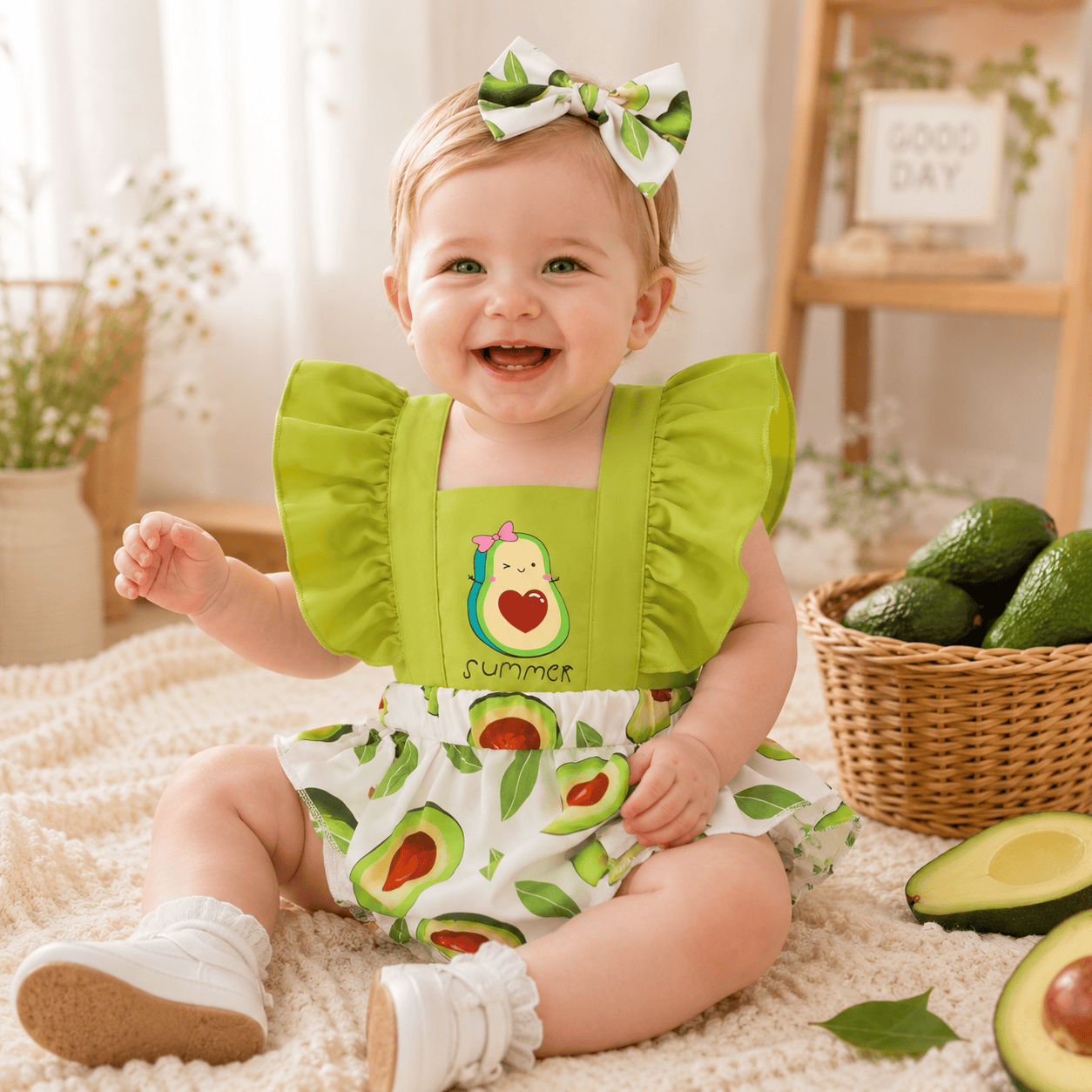 Baby Girl Avocado Print Ruffle Romper & Headband 2-Piece Set | Spring Summer