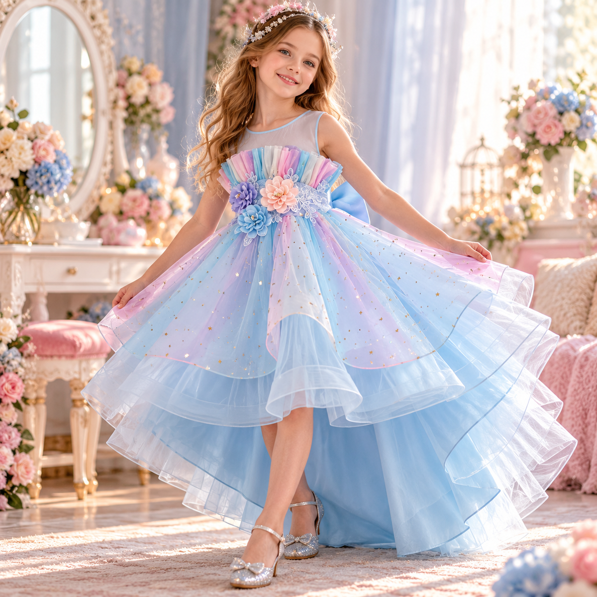 Girls Pastel Princess High-Low Tulle Dress
