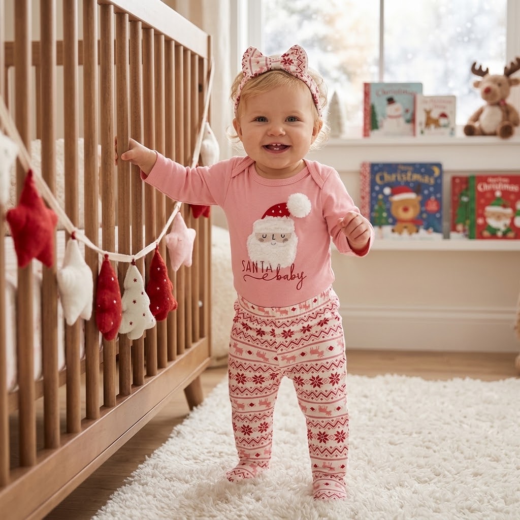 Baby Girl Christmas Santa Bodysuit, Printed Pants & Headband Set