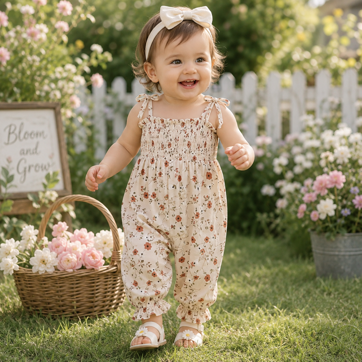 Baby Girls Floral Halter Romper with Tie-Up Straps