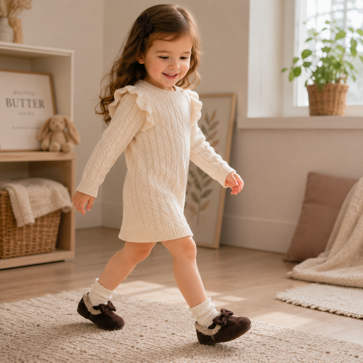 Retro Bow Plush Fur Children's Flats - Warm Fluffy Kids Casual Shoes