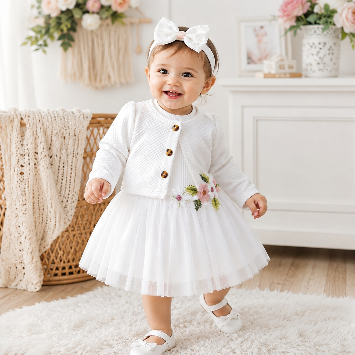 Baby Girl Fall Outfit - Floral Tulle Dress & Cardigan Set