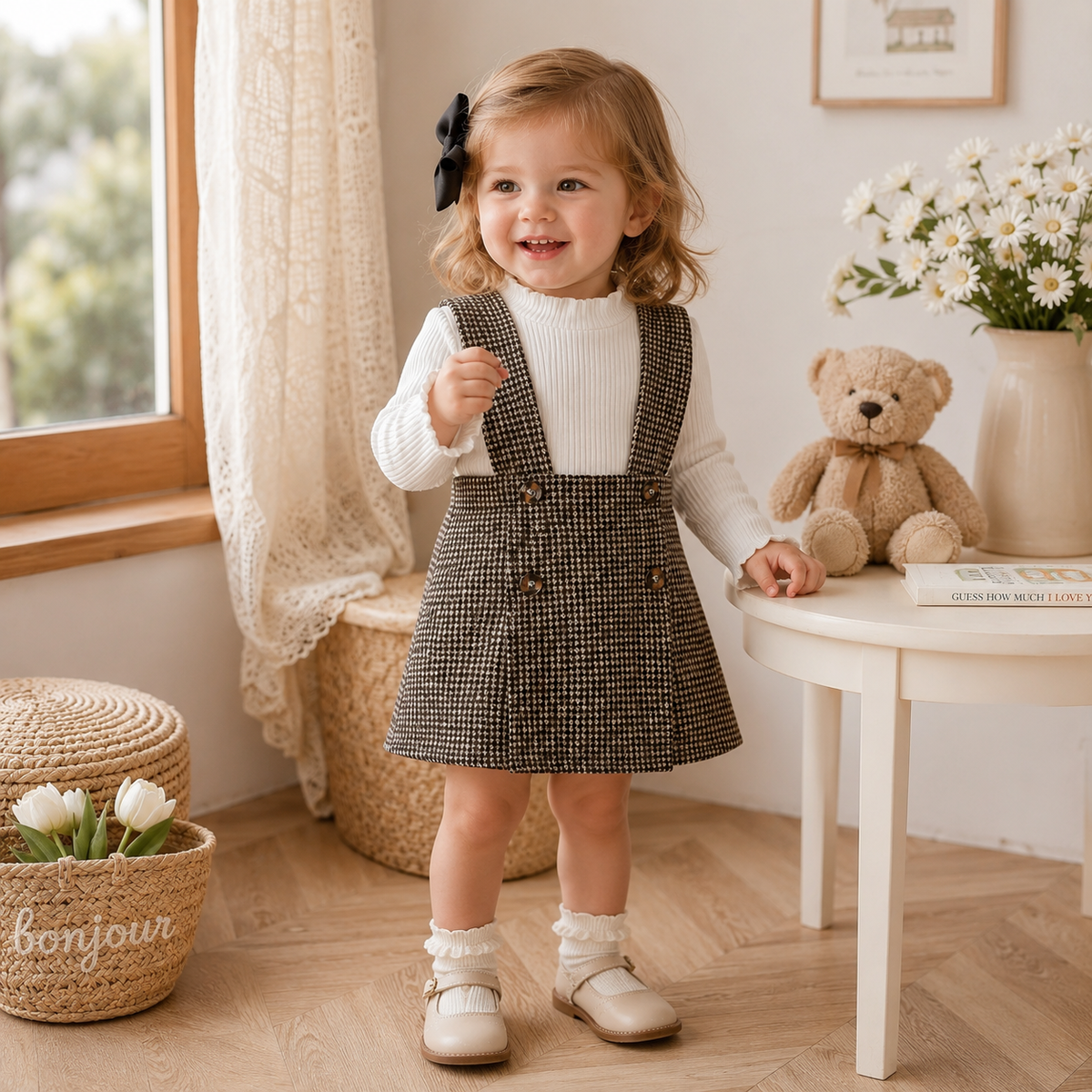 Girl's Plaid Strap Skirt Set - Long Sleeve Top & Skirt Outfit