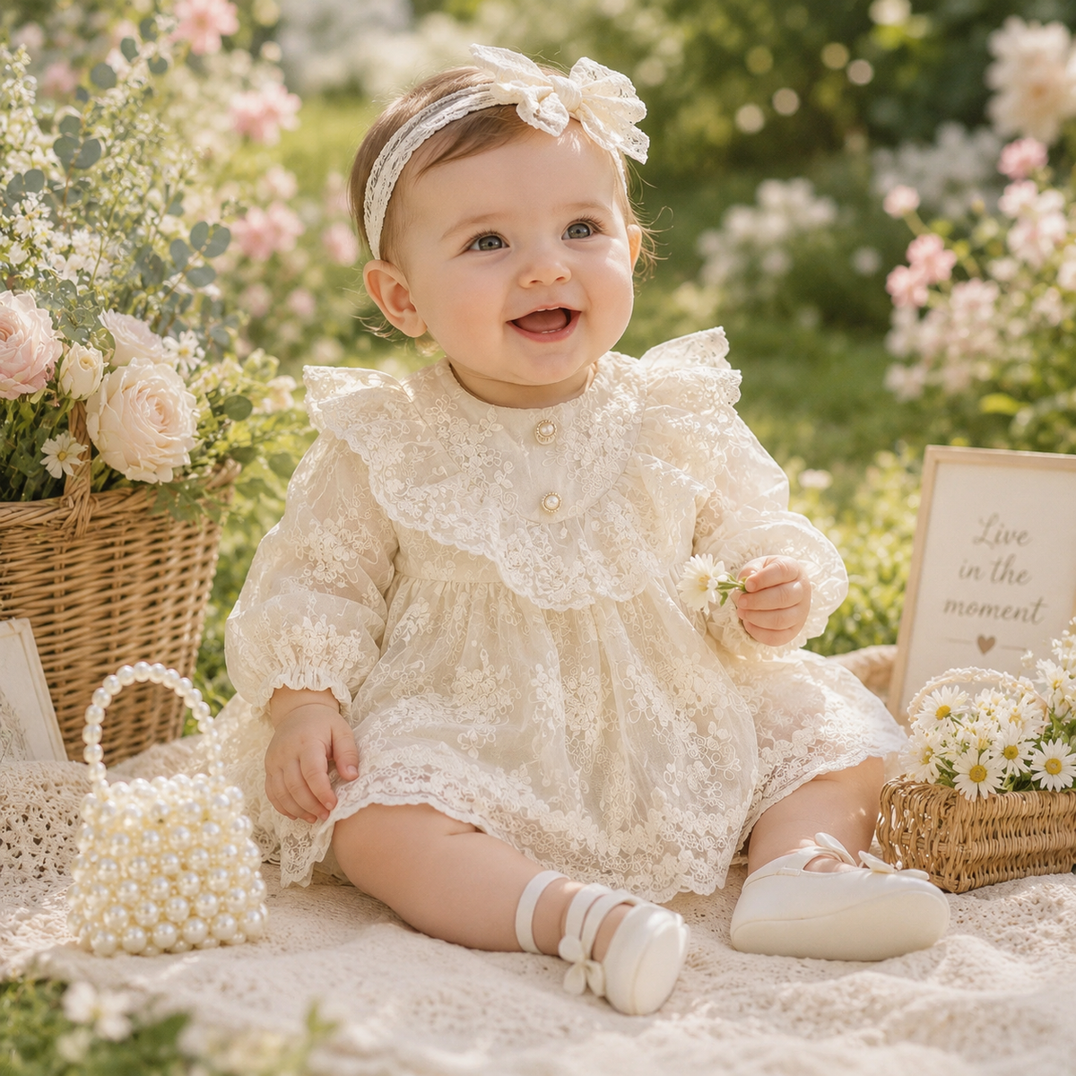 Baby Girl Vintage Lace Princess Romper Dress with Ruffled Collar