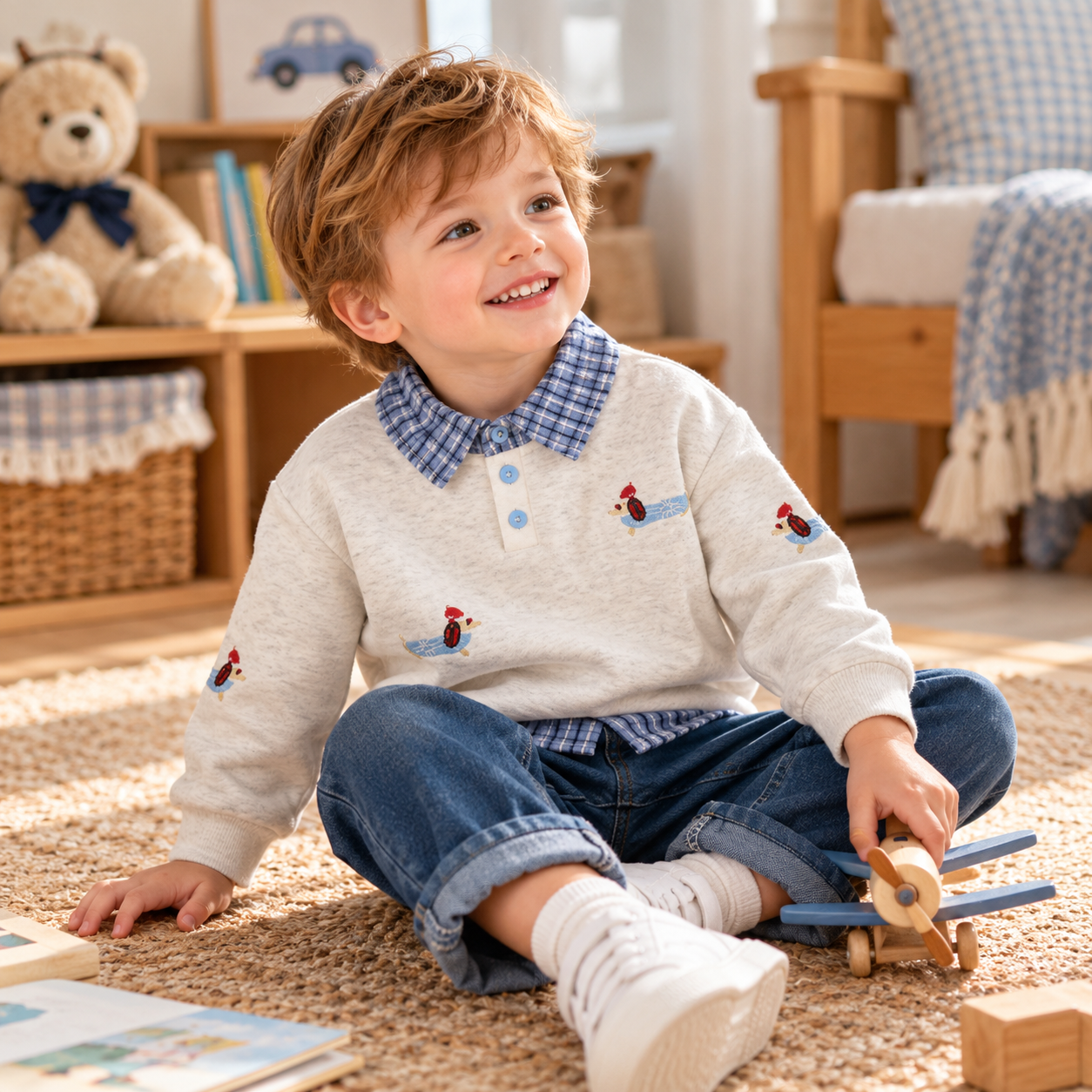 Boys Embroidered Plaid Collar Top & Pants Set