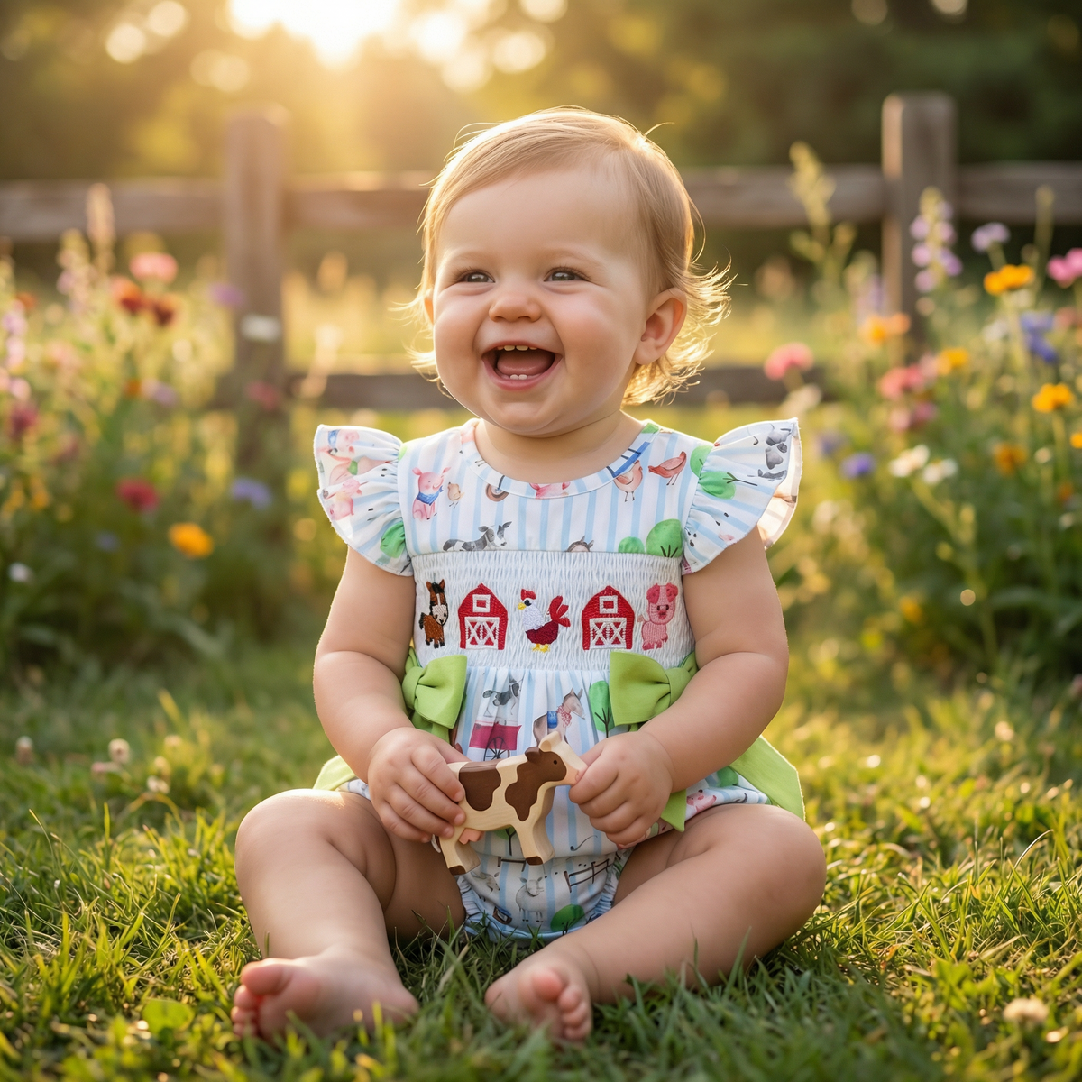 Girls' Farm Print Smocked Ruffle Jumpsuit