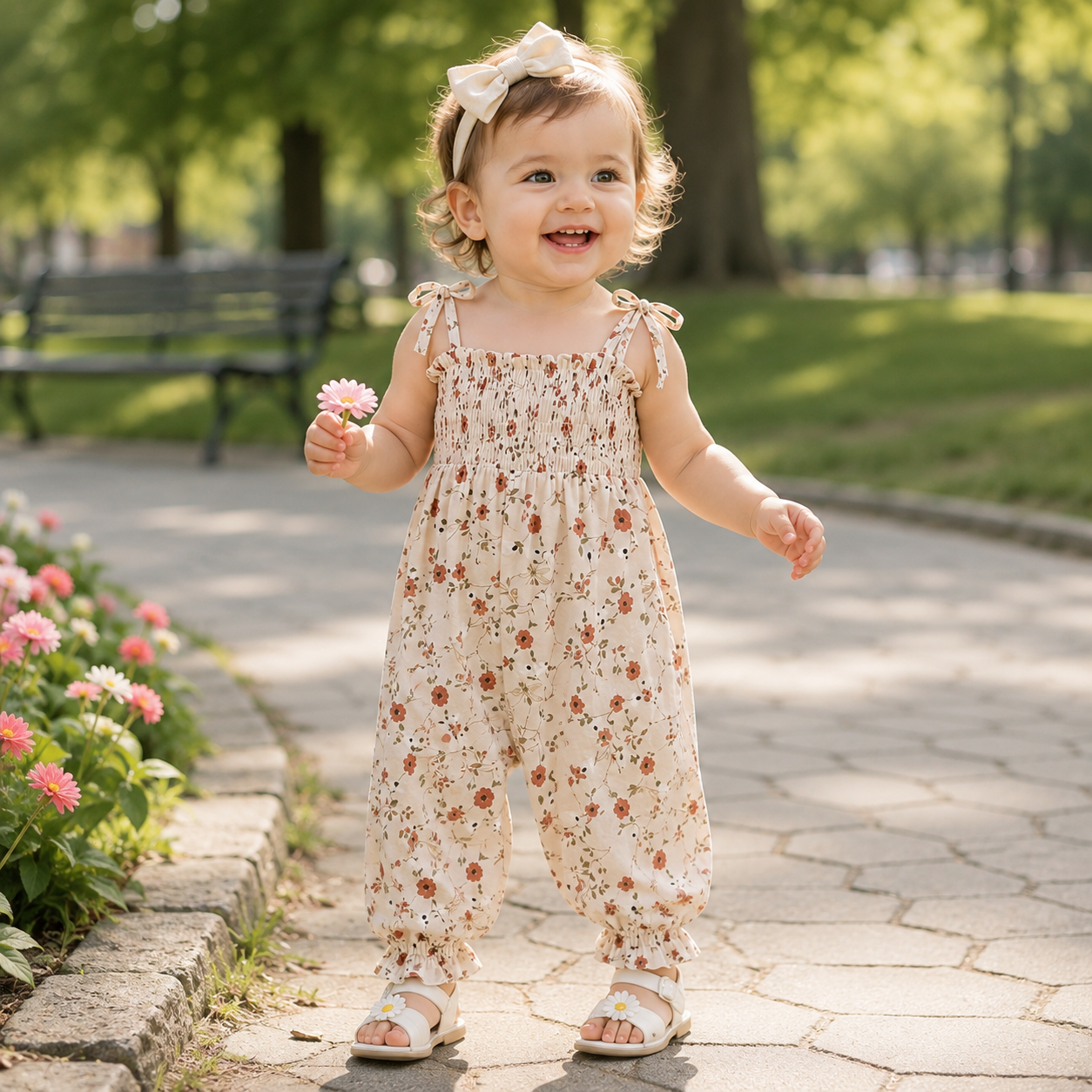 Baby Girls Floral Halter Romper with Tie-Up Straps