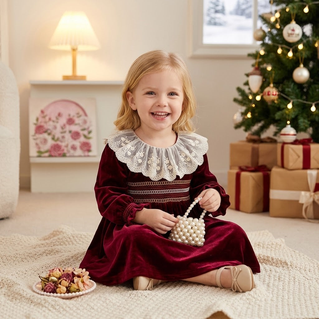 Girls Red Christmas Dress with White Lace Collar