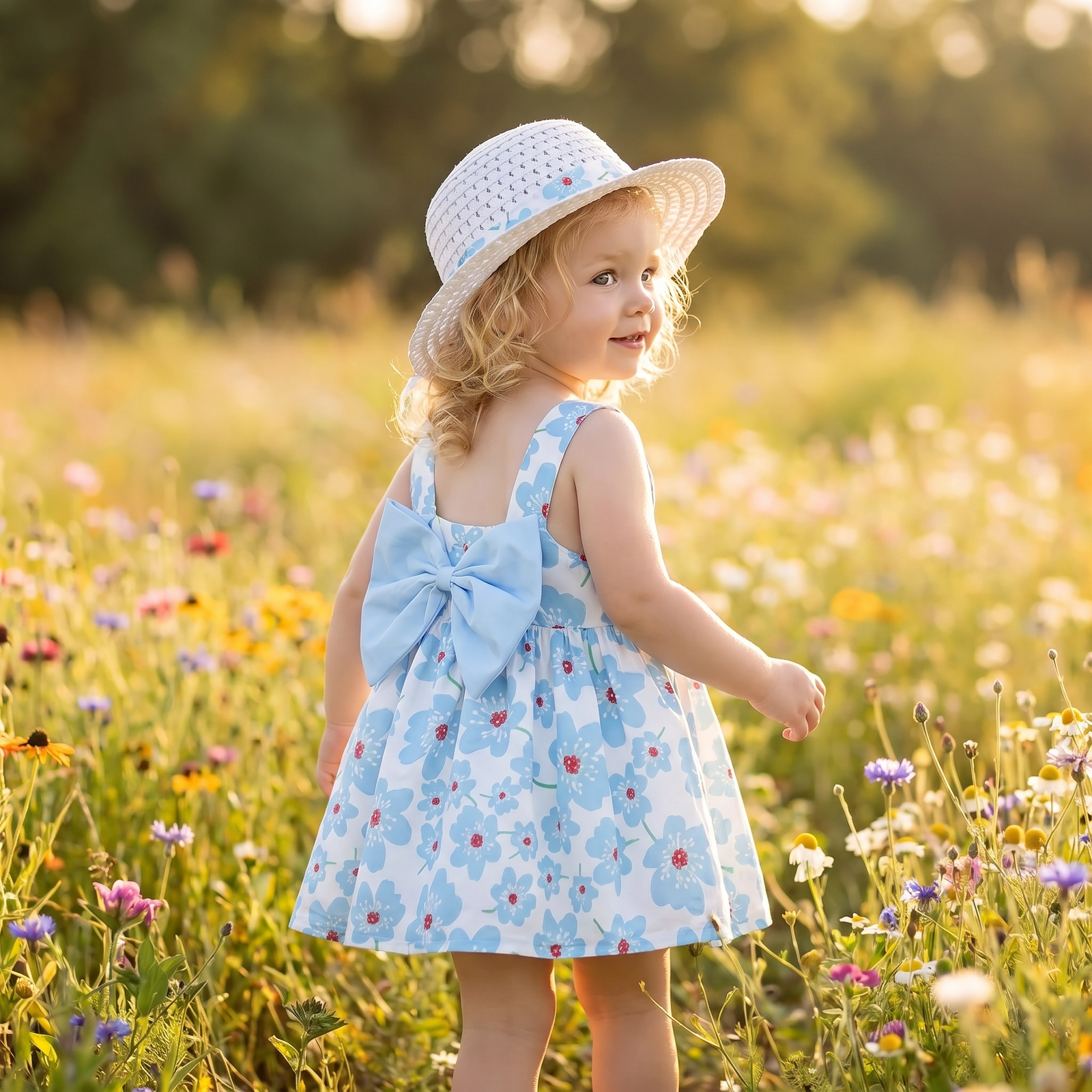 Floral Sling Dress & Gift Hat Set for Baby Girls