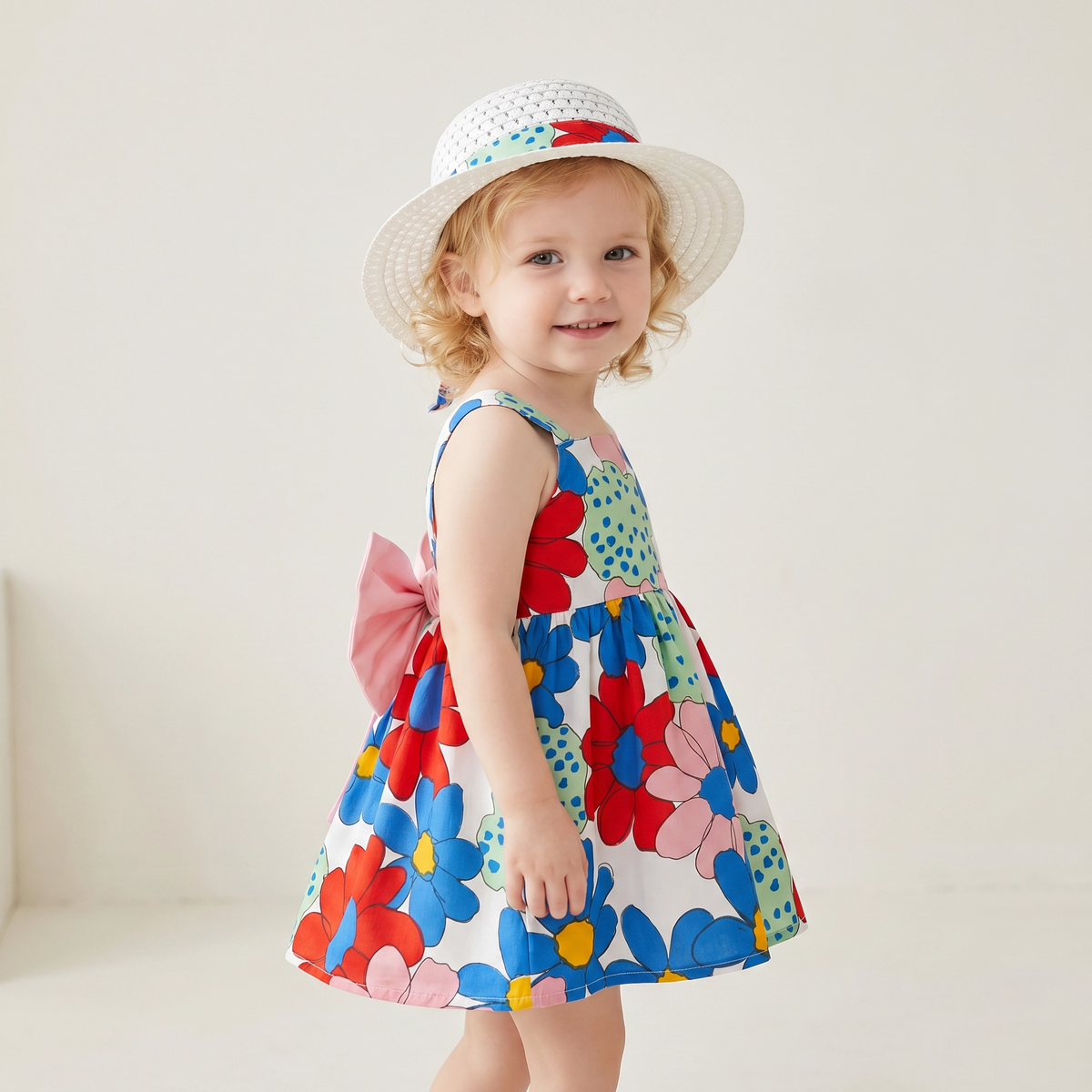 2-Piece Floral Bow Dress & Hat Set for Girls