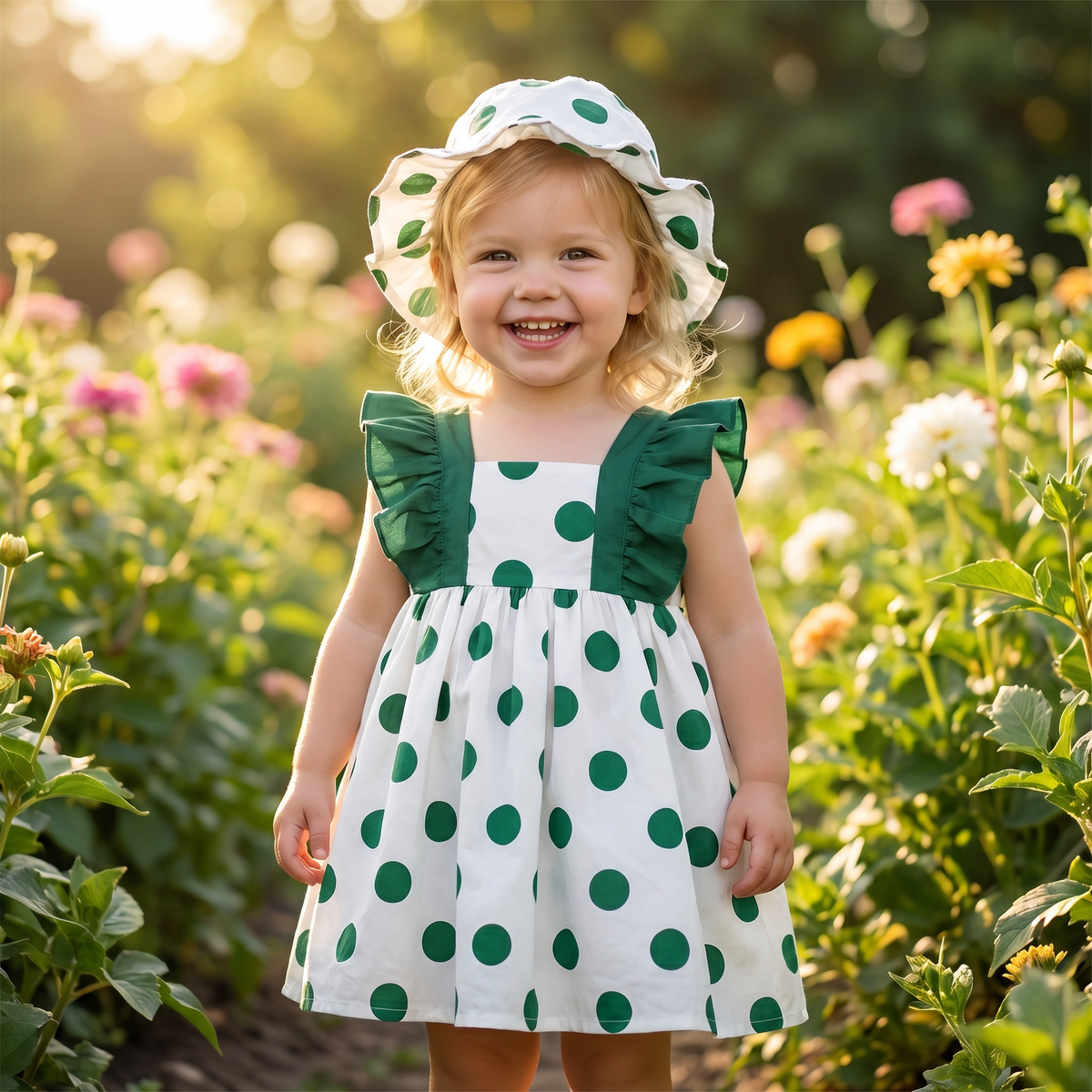Polka Dot Dash Sleeve Dress & Hat Set for Baby Girls