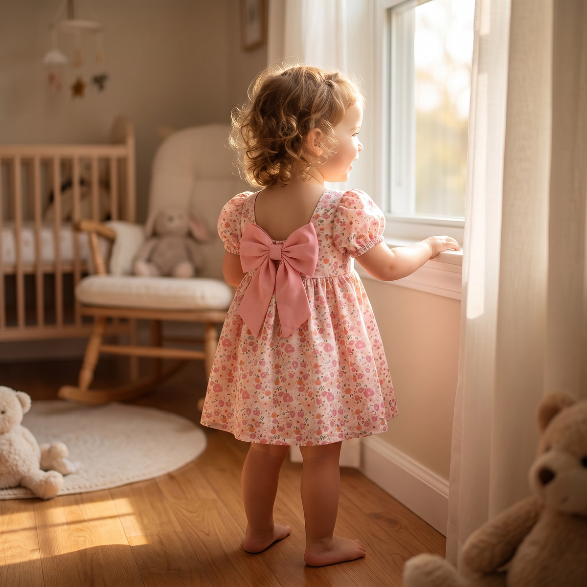 Floral Puff Sleeve & Bow Dress for Toddler Girls
