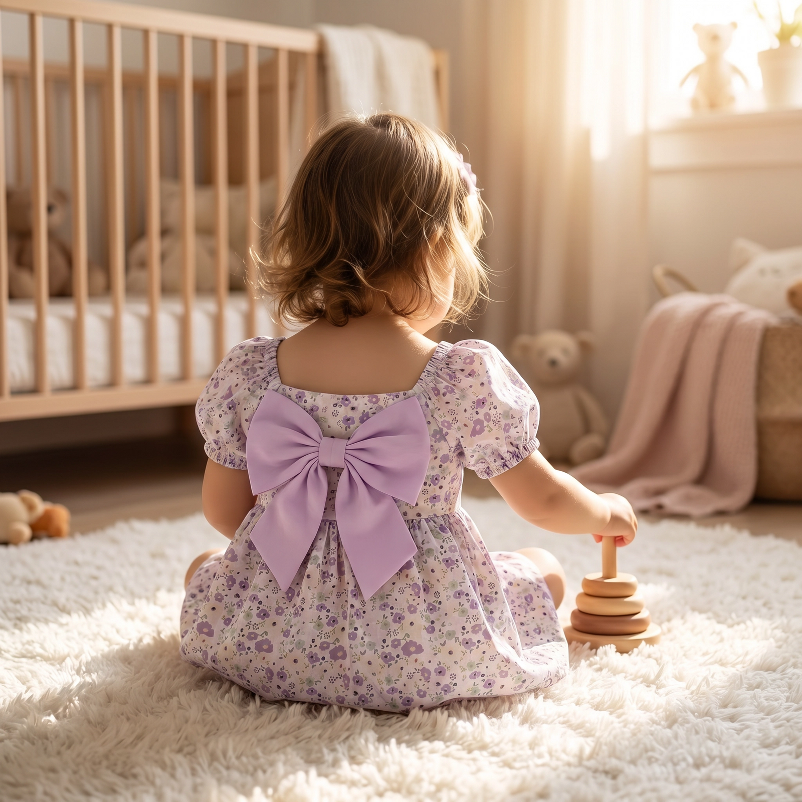 Floral Puff Sleeve & Bow Dress for Toddler Girls