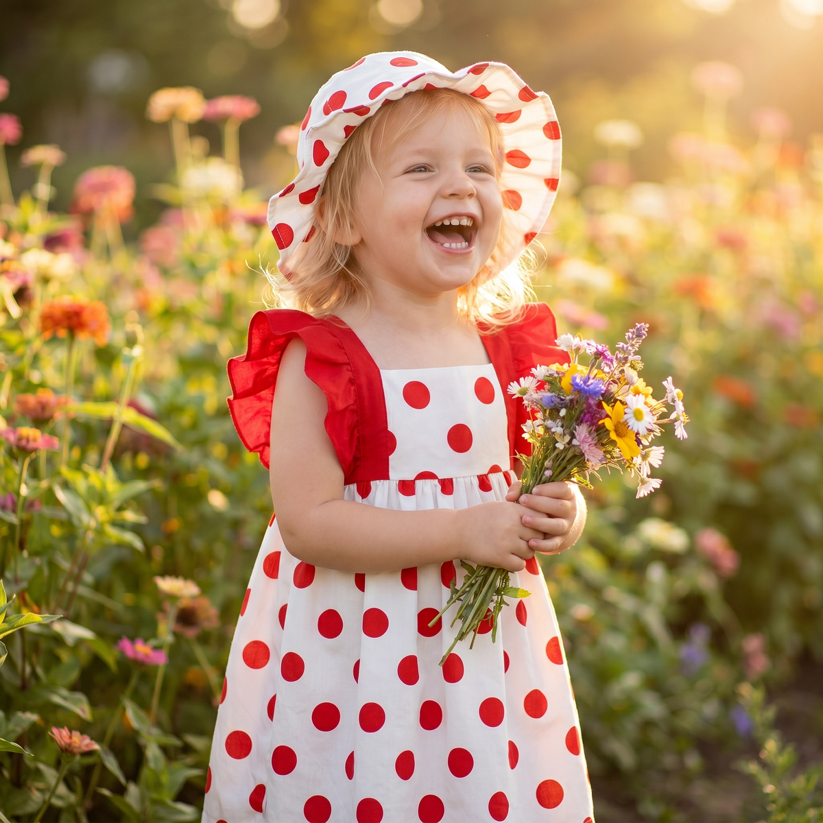 Polka Dot Dash Sleeve Dress & Hat Set for Baby Girls