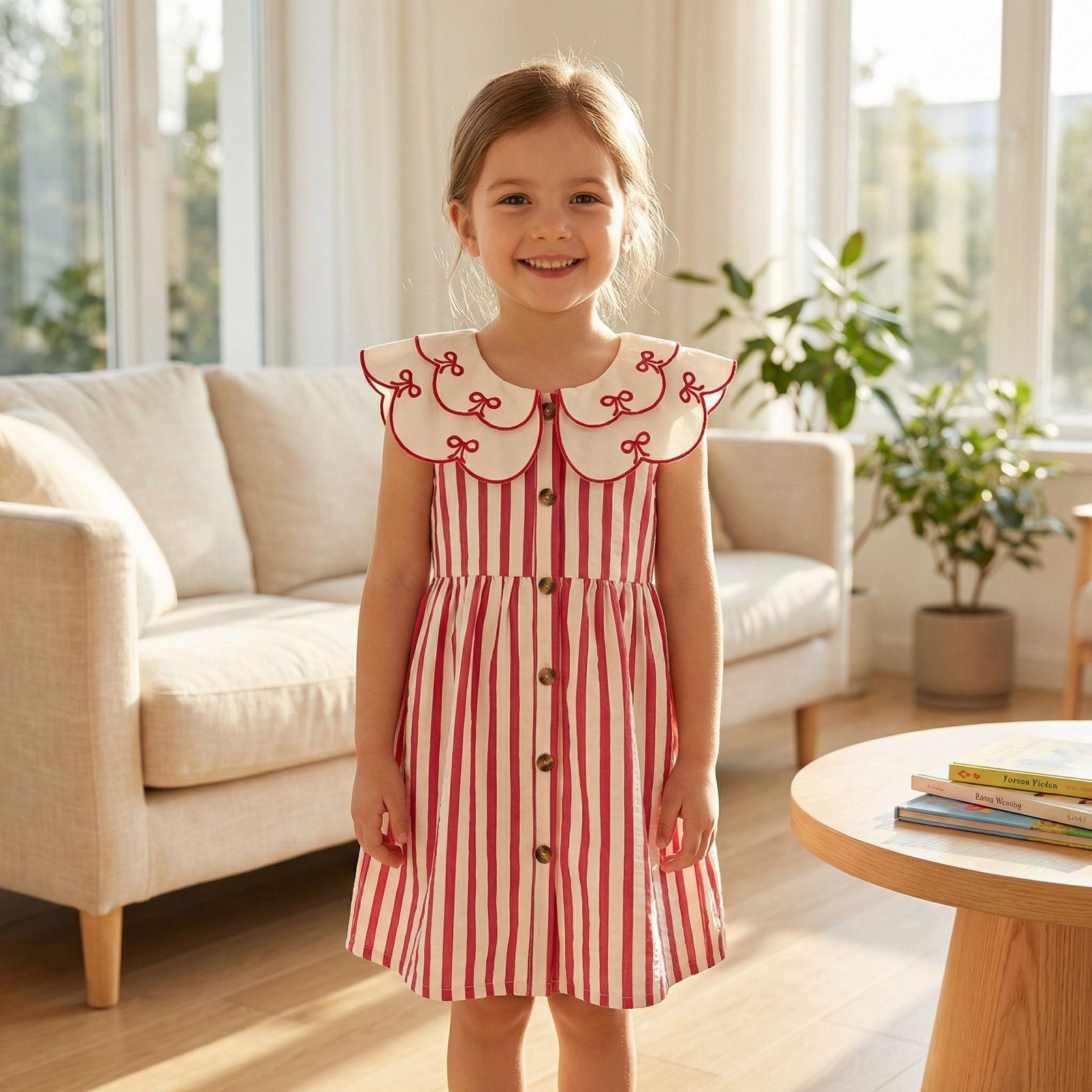 Retro Red & White Striped Dress with Embroidered Collar