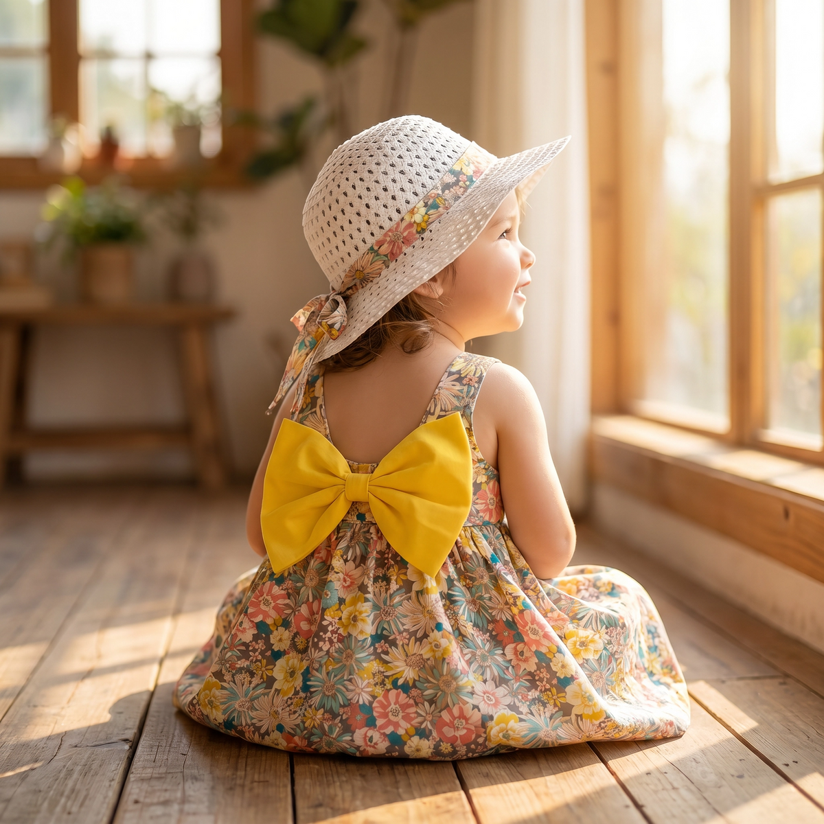Floral Print Bow & Hat Princess Dress Set