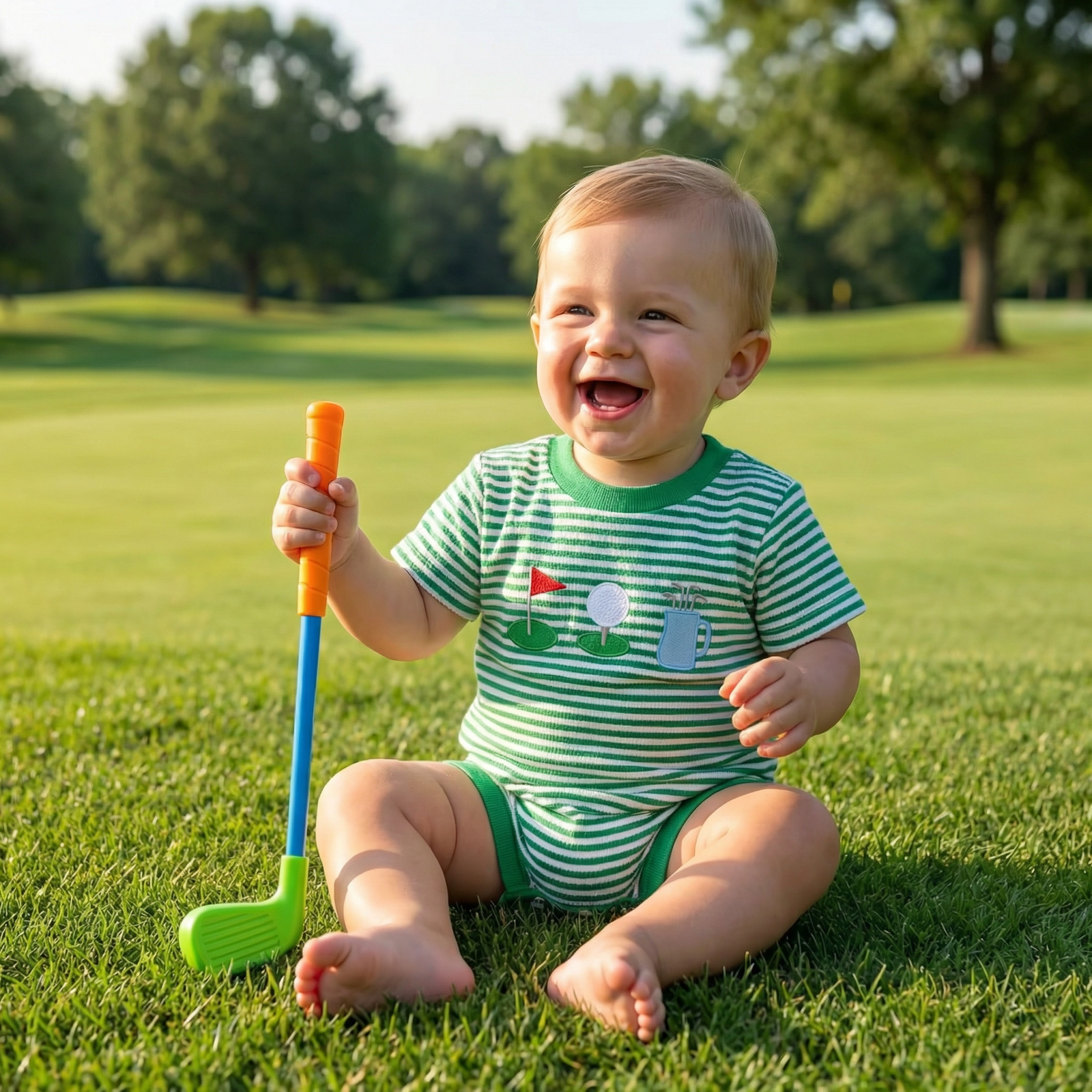 Baby Boy's Striped Golf Themed Embroidered Romper