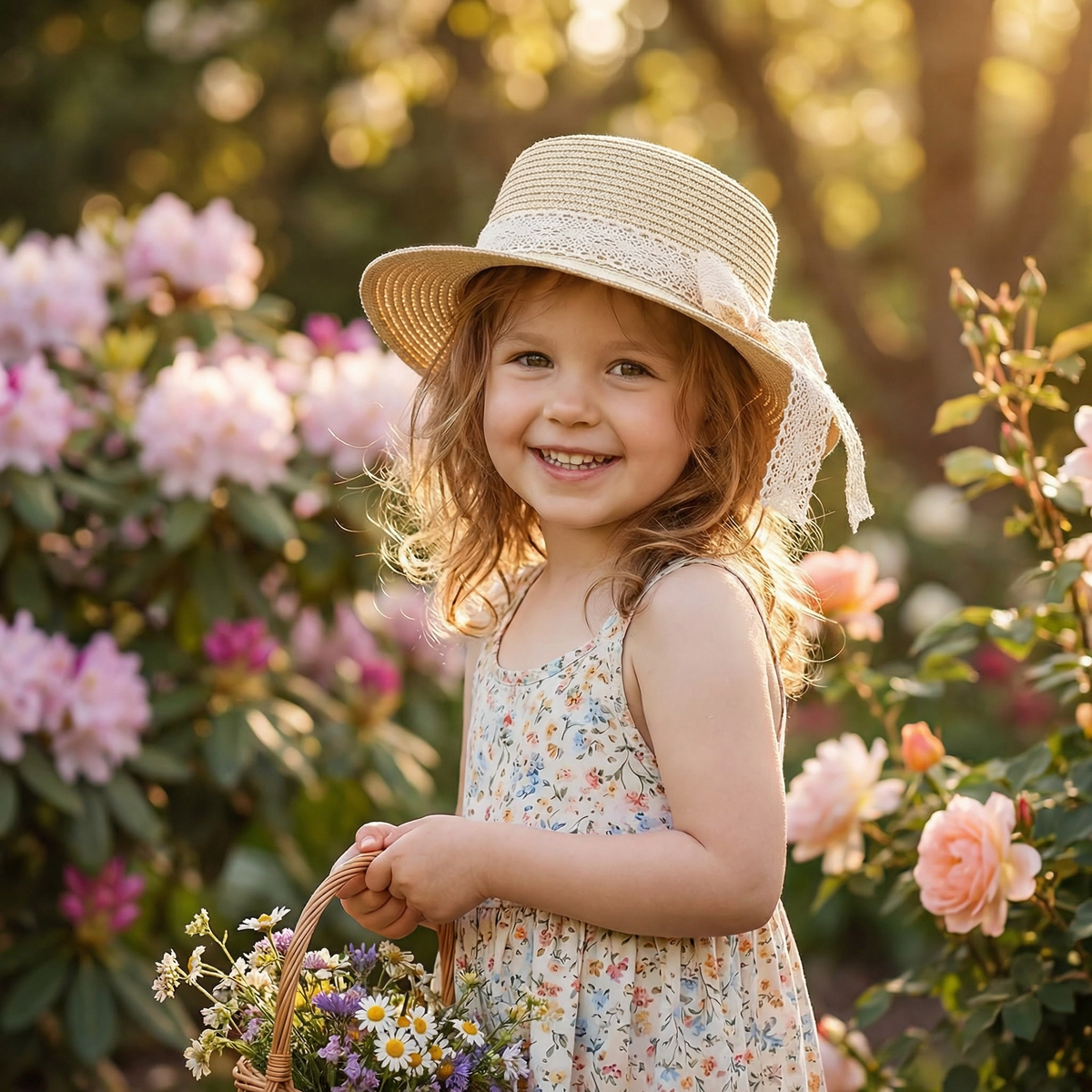 Adjustable Lace Bow Straw Sun Hat for Girls