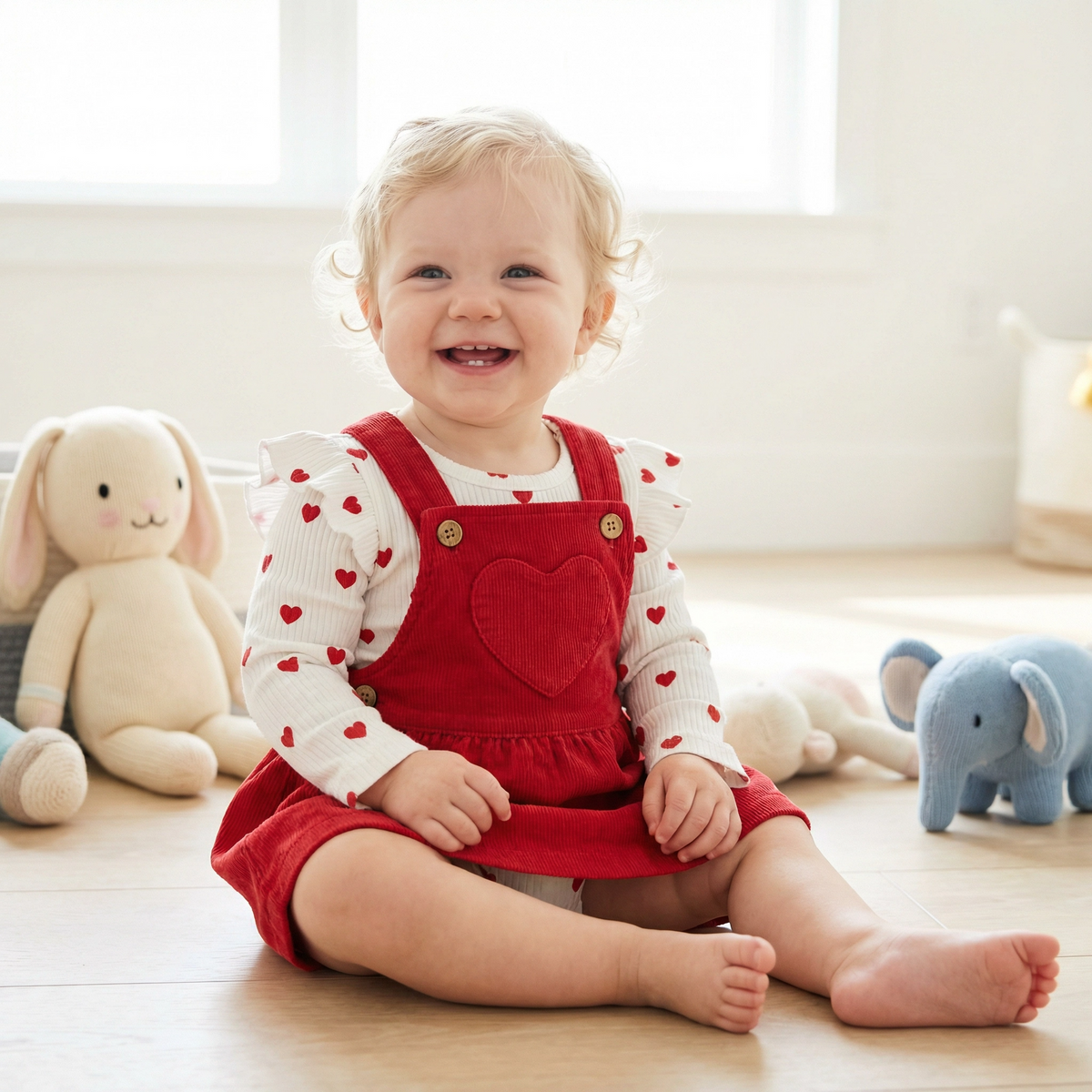 Heart Print Romper & Corduroy Suspender Skirt Set