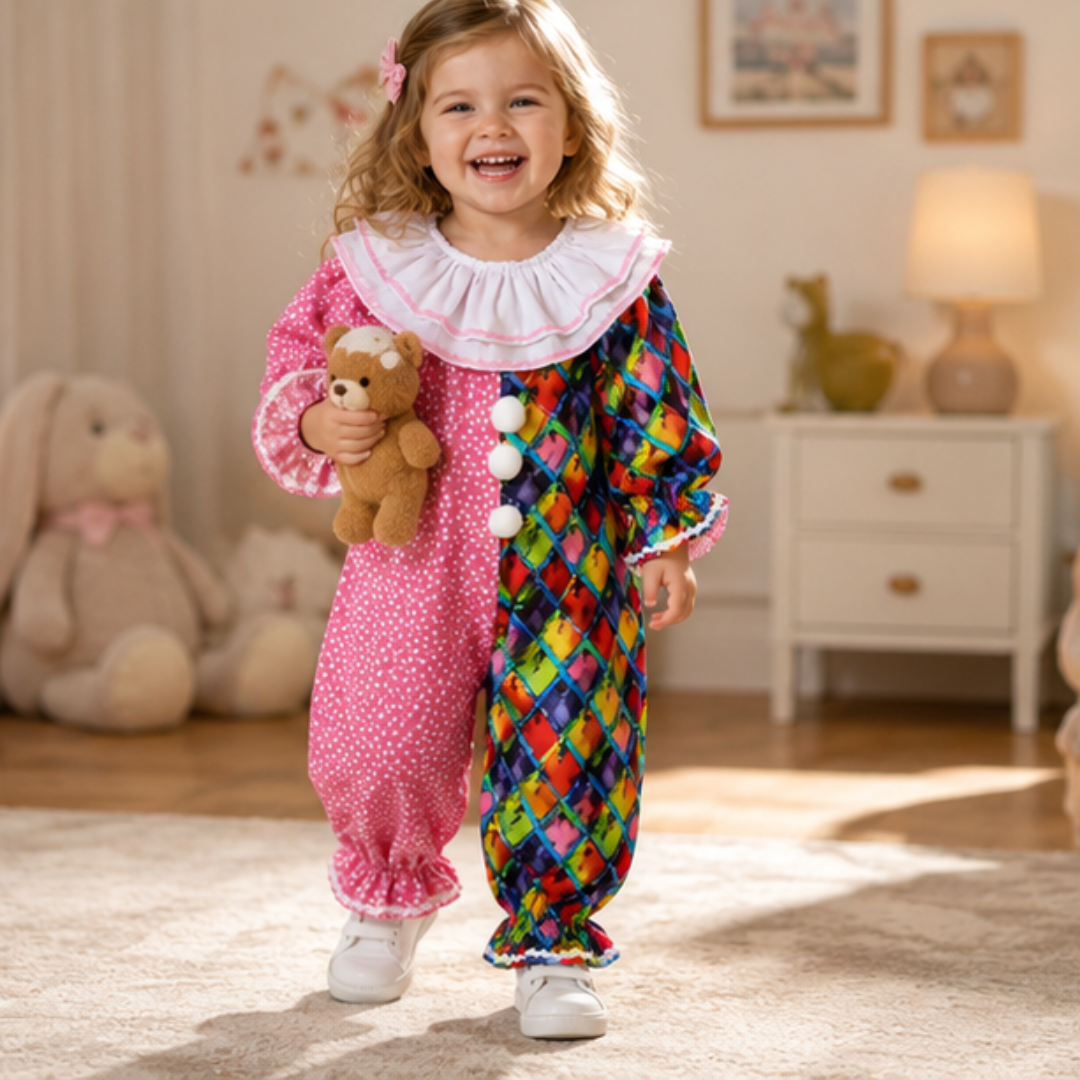 Toddler Clown Costume Jumpsuit & Hat- Funny Halloween Outfit