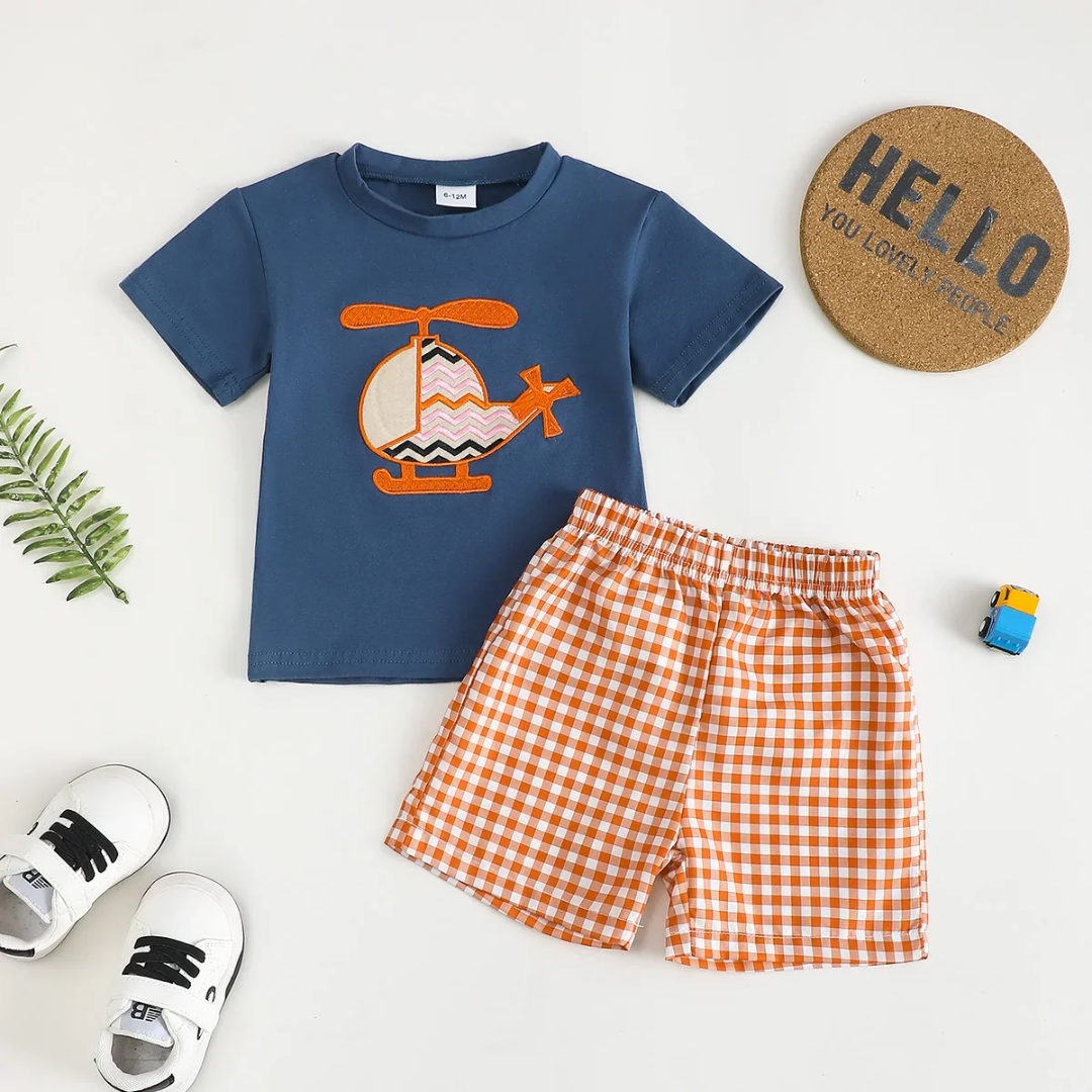 Helicopter Appliqué T-Shirt & Gingham Shorts Set
