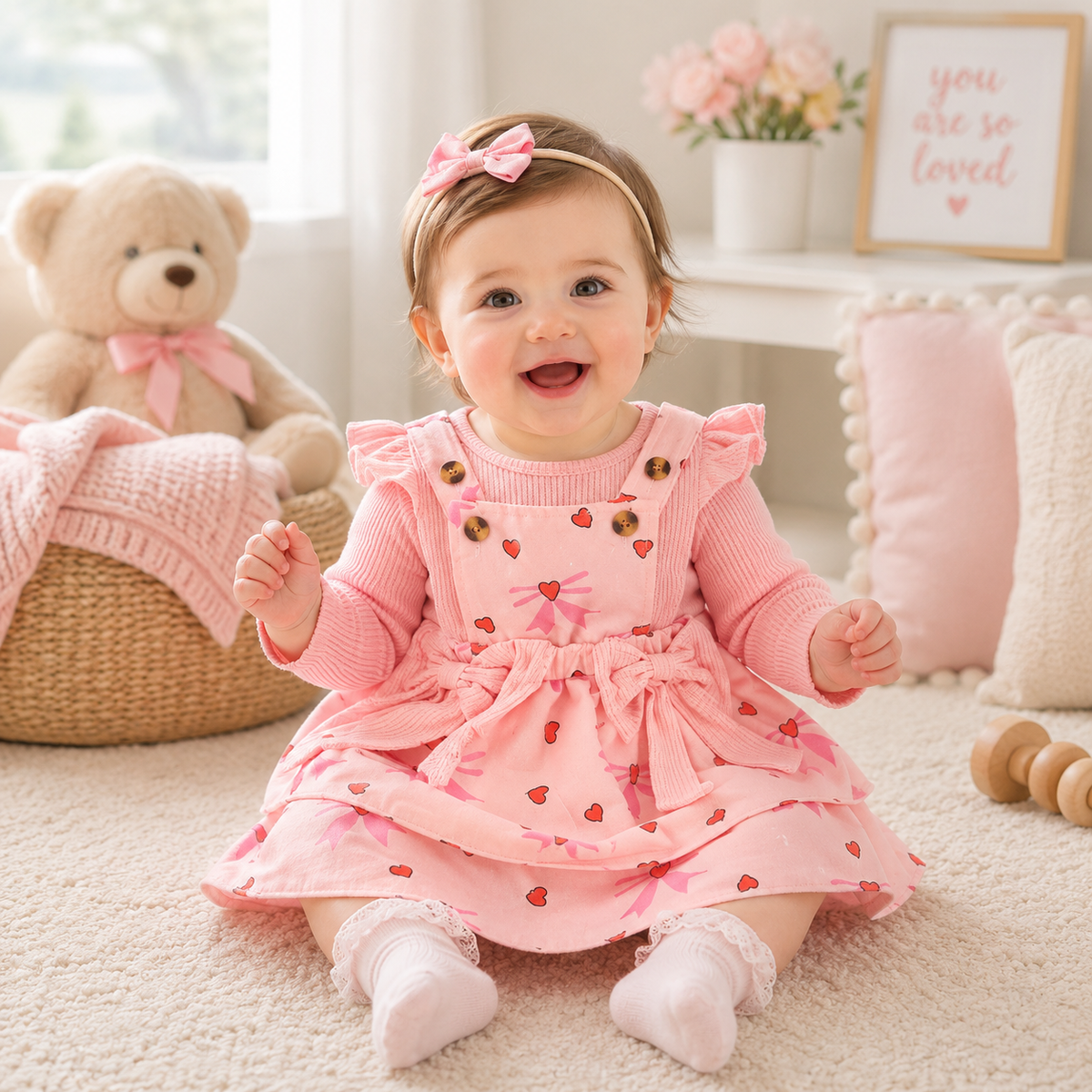 Baby Girl 3-Piece Fall Set | Ribbed Romper + Floral Overall Skirt + Hair Band