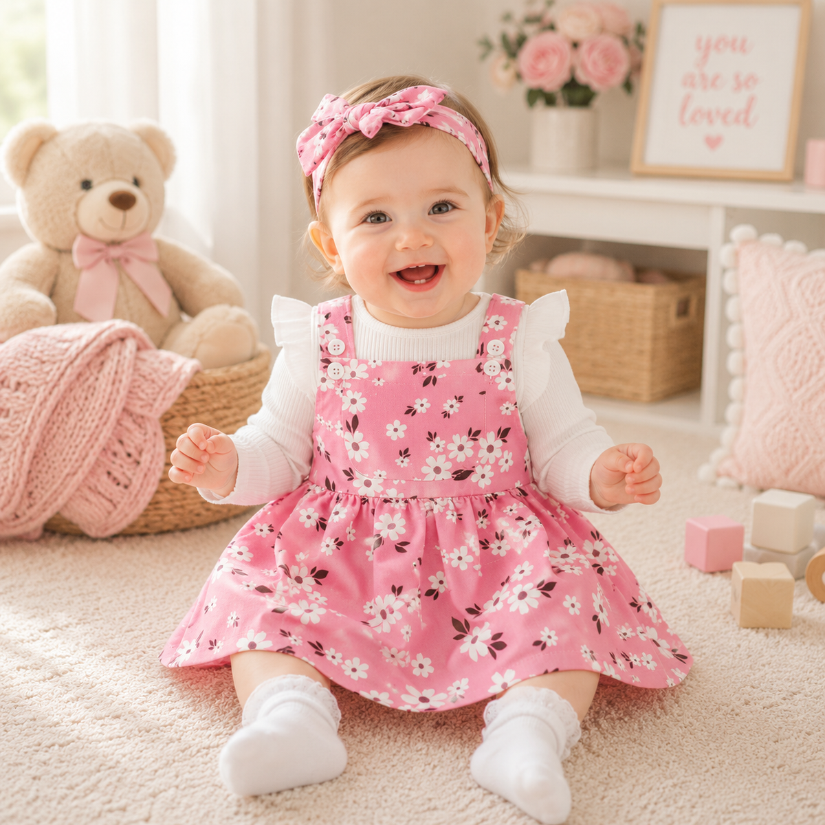 Baby Girl 3-Piece Fall Set | Ribbed Romper + Floral Overall Skirt + Hair Band