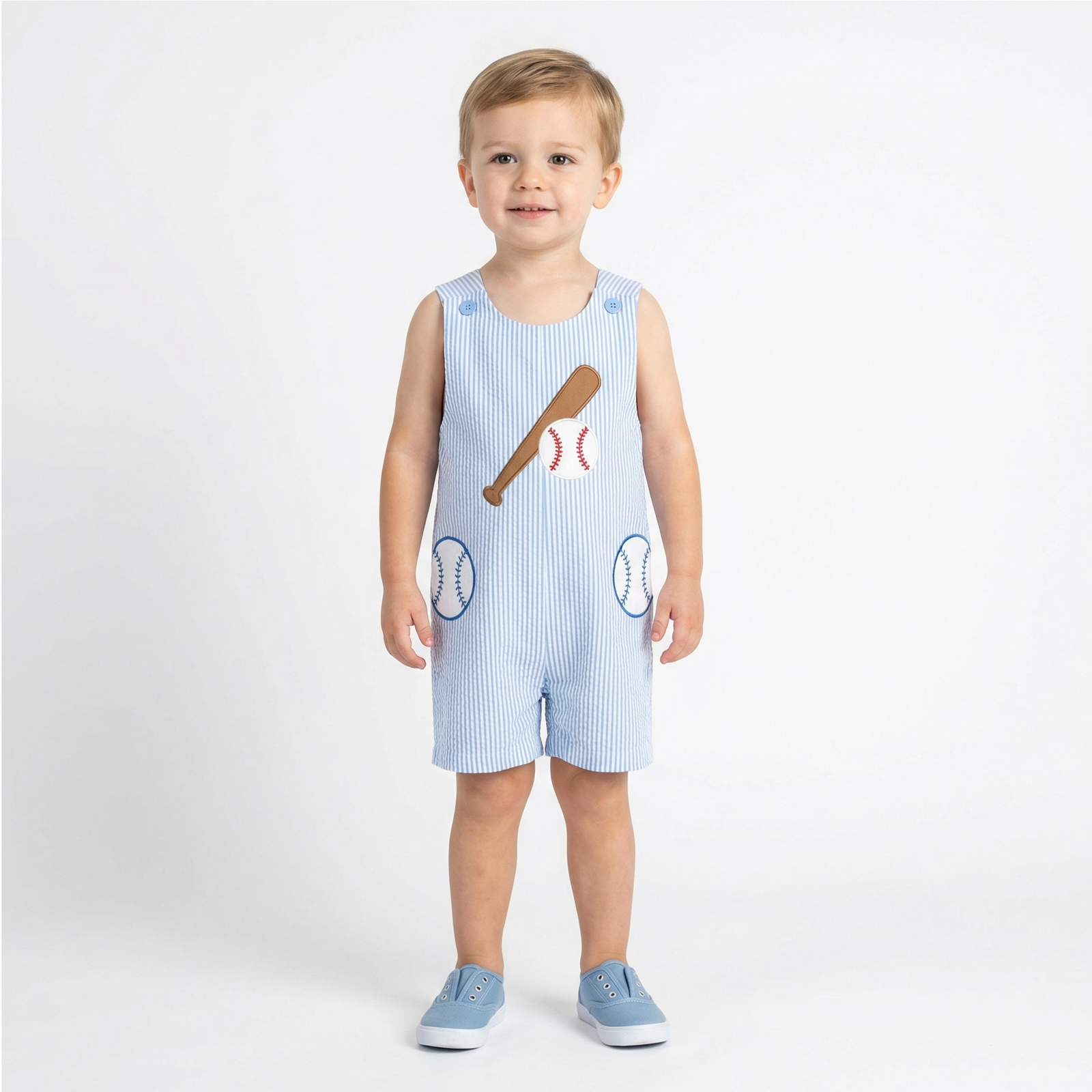 Toddler Baseball Embroidered Striped Overalls