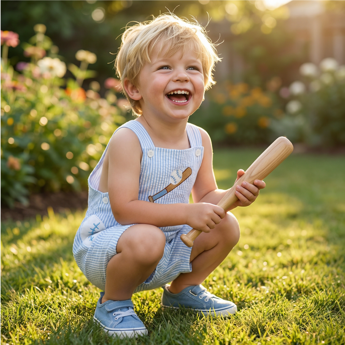Toddler Baseball Embroidered Striped Overalls