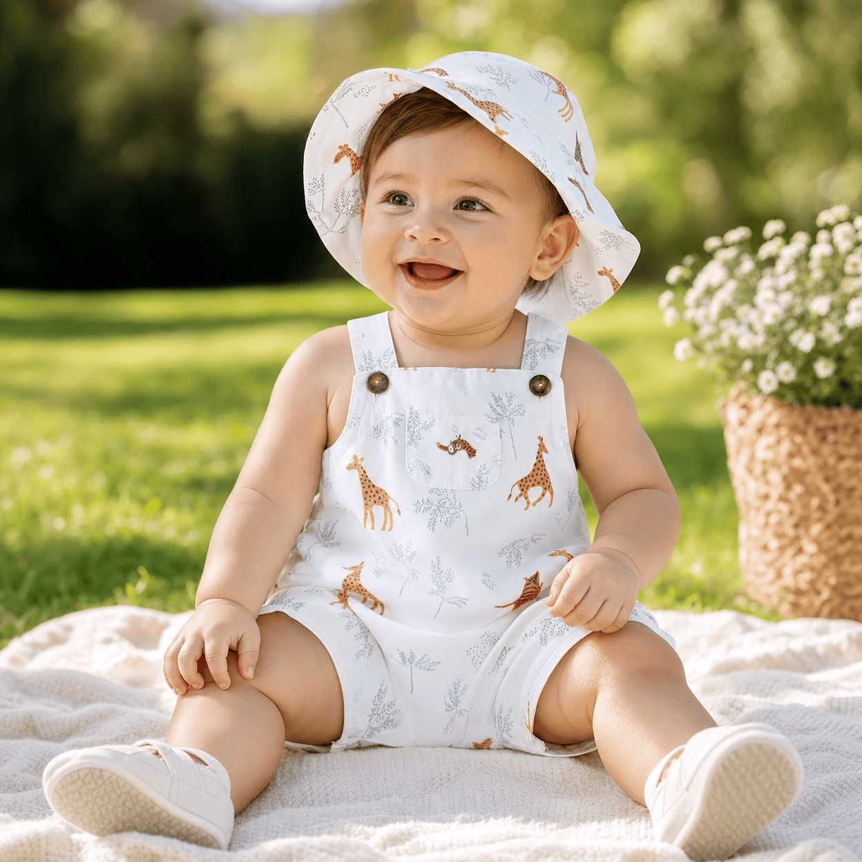 2-Piece Animal Print Summer Overalls & Hat Set