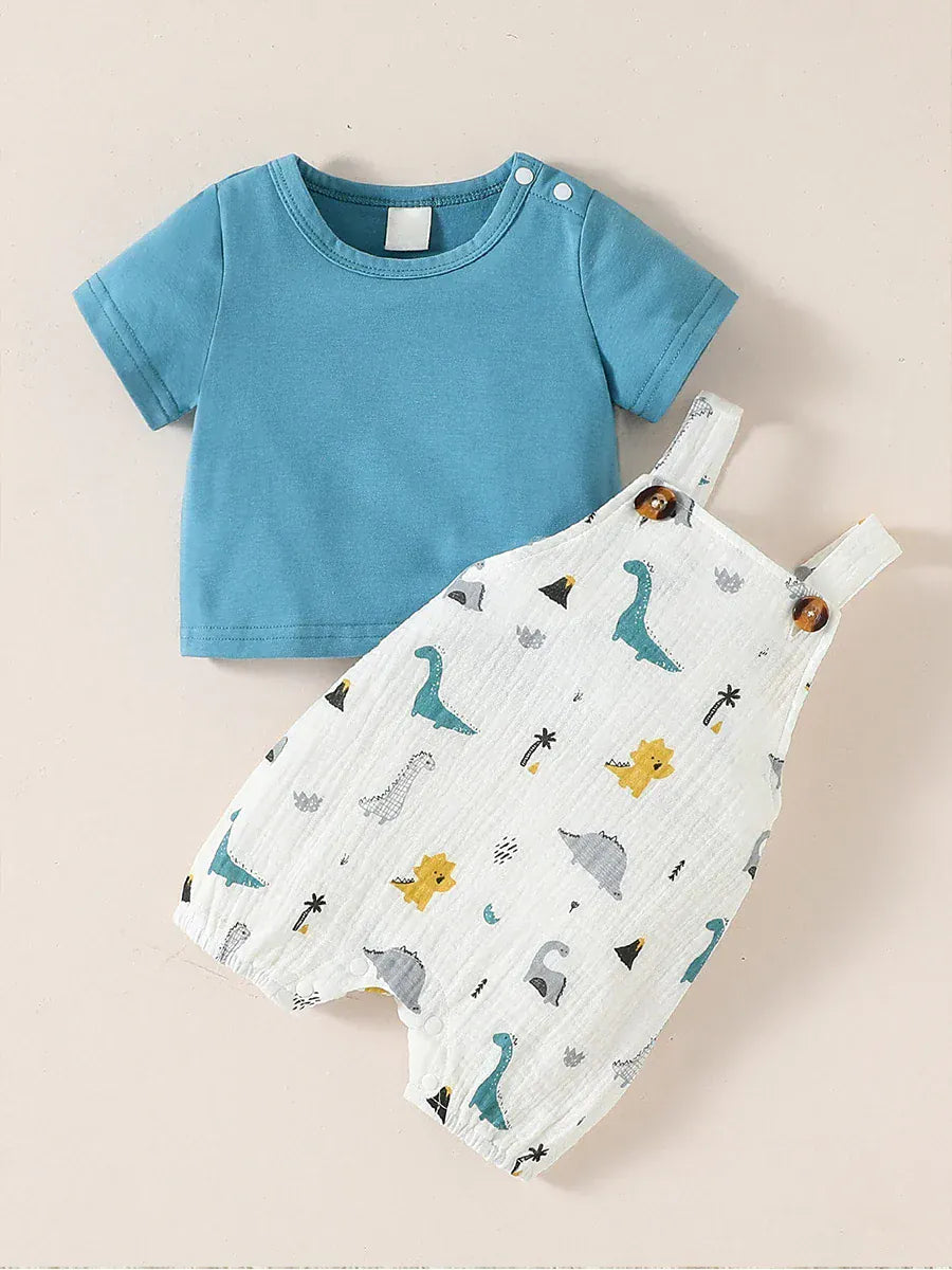 Blue Tee + Animal Overalls / 0-1M 2-Piece Baby Boy Summer Set
