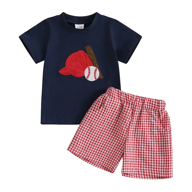 Navy Crab Tee + Red Plaid Shorts / 6-12M 2-Piece Baseball Embroidery T-Shirt & Shorts Set