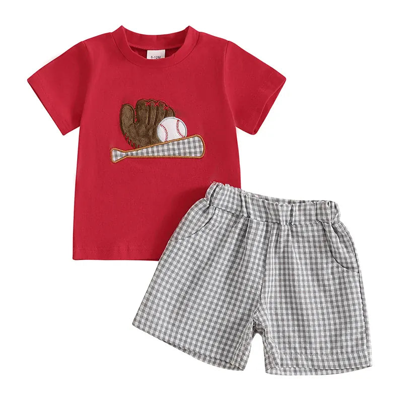 Red Lobster Tee + Grey Plaid Shorts / 6-12M 2-Piece Baseball Embroidery T-Shirt &amp; Shorts Set