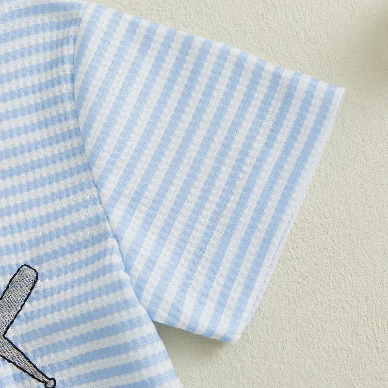 Blue / 18-24M 2-Piece Boys' Striped Baseball Embroidery Shorts Set