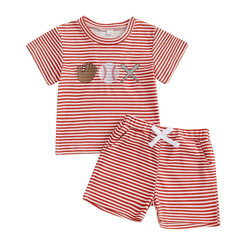 Red / 18-24M 2-Piece Boys' Striped Baseball Embroidery Shorts Set