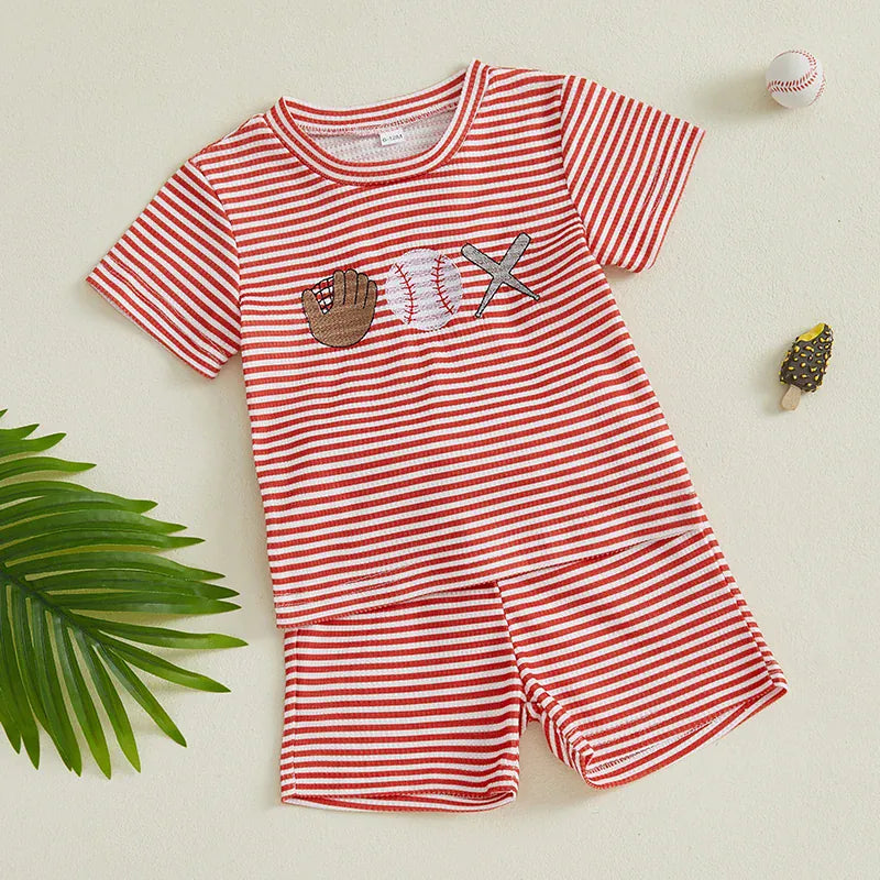 2-Piece Boys' Striped Baseball Embroidery Shorts Set