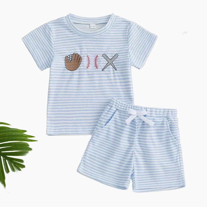 Blue / 12-18M 2-Piece Boys' Striped Baseball Embroidery Shorts Set
