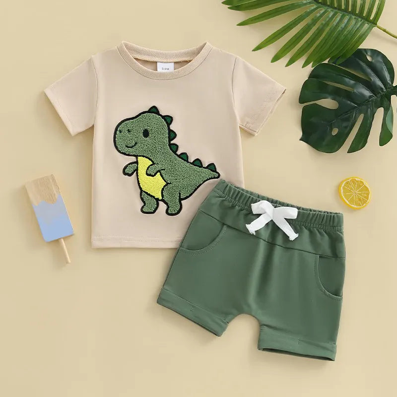 2-Piece Dinosaur Embroidered Summer Outfit