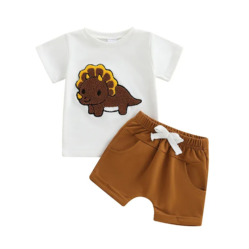 Khaki / 6M 2-Piece Dinosaur Embroidered Summer Outfit