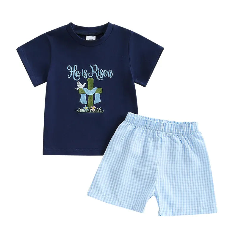 Blue / 0-6M 2-Piece Toddler Boy's Easter Embroidery & Plaid Shorts