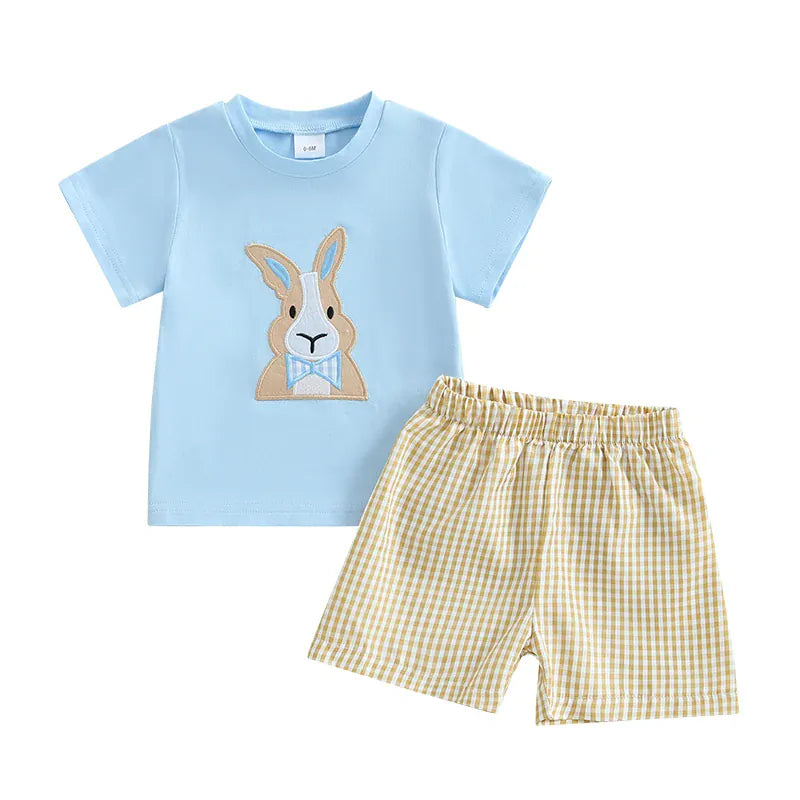 Khaki / 0-6M 2-Piece Toddler Boy's Easter Embroidery &amp; Plaid Shorts