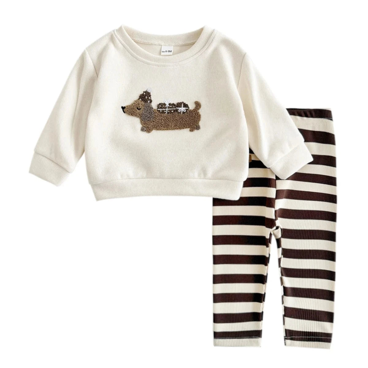 Beige / 6-9M 2Pcs Long Sleeve Puppy Top and Striped Pants