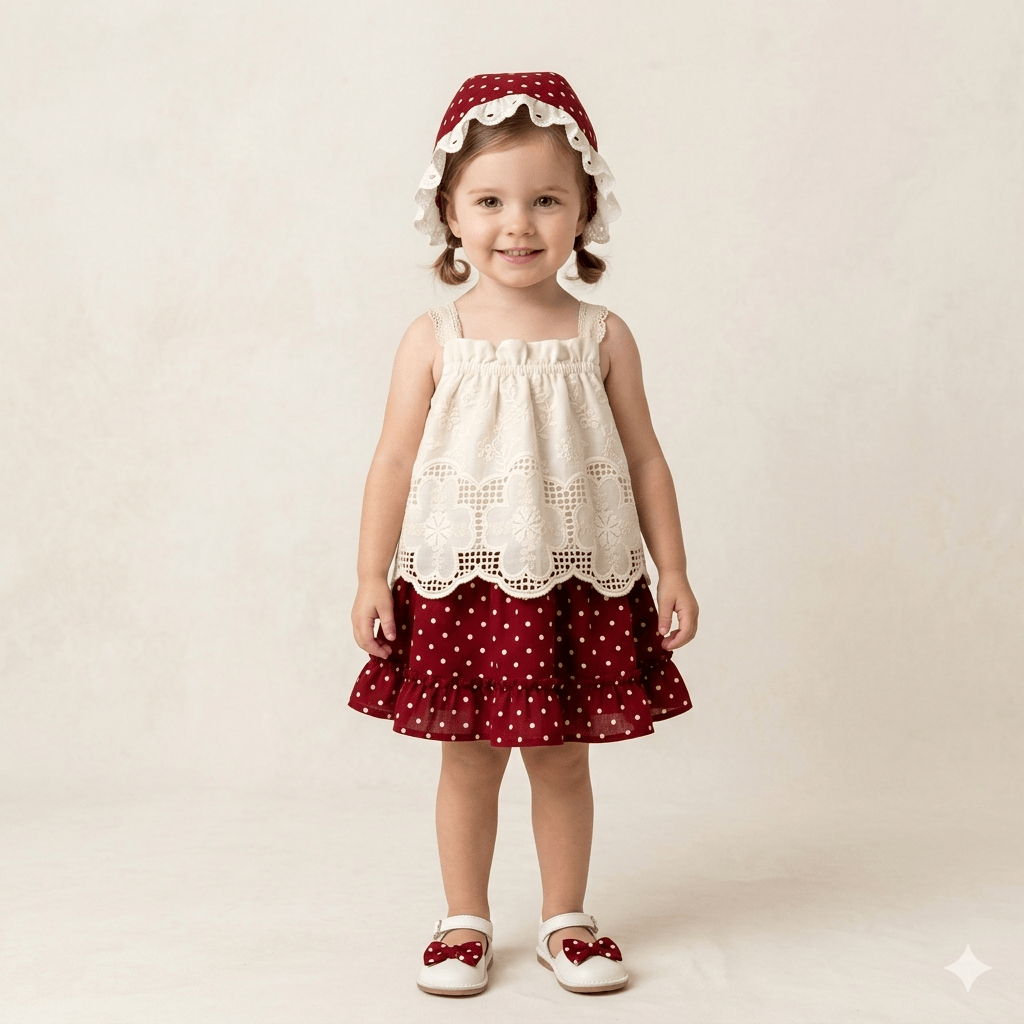 3-Piece Lace Tank Top, Polka Dot Skirt & Hood Set