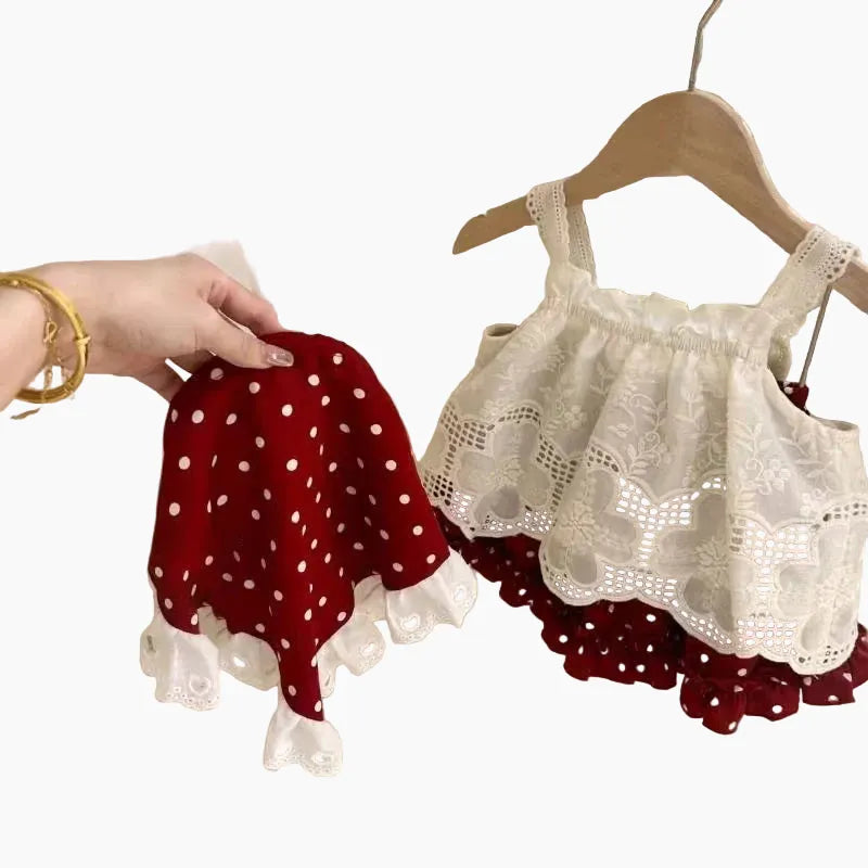3-Piece Lace Tank Top, Polka Dot Skirt & Hood Set